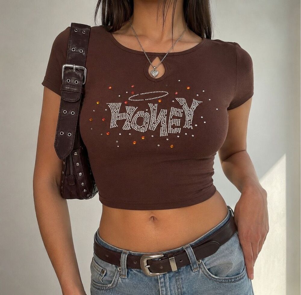 SHEIN Joy Brown Rhinestone Baby Tee Size 10Y Y2K Graphic Crop Top